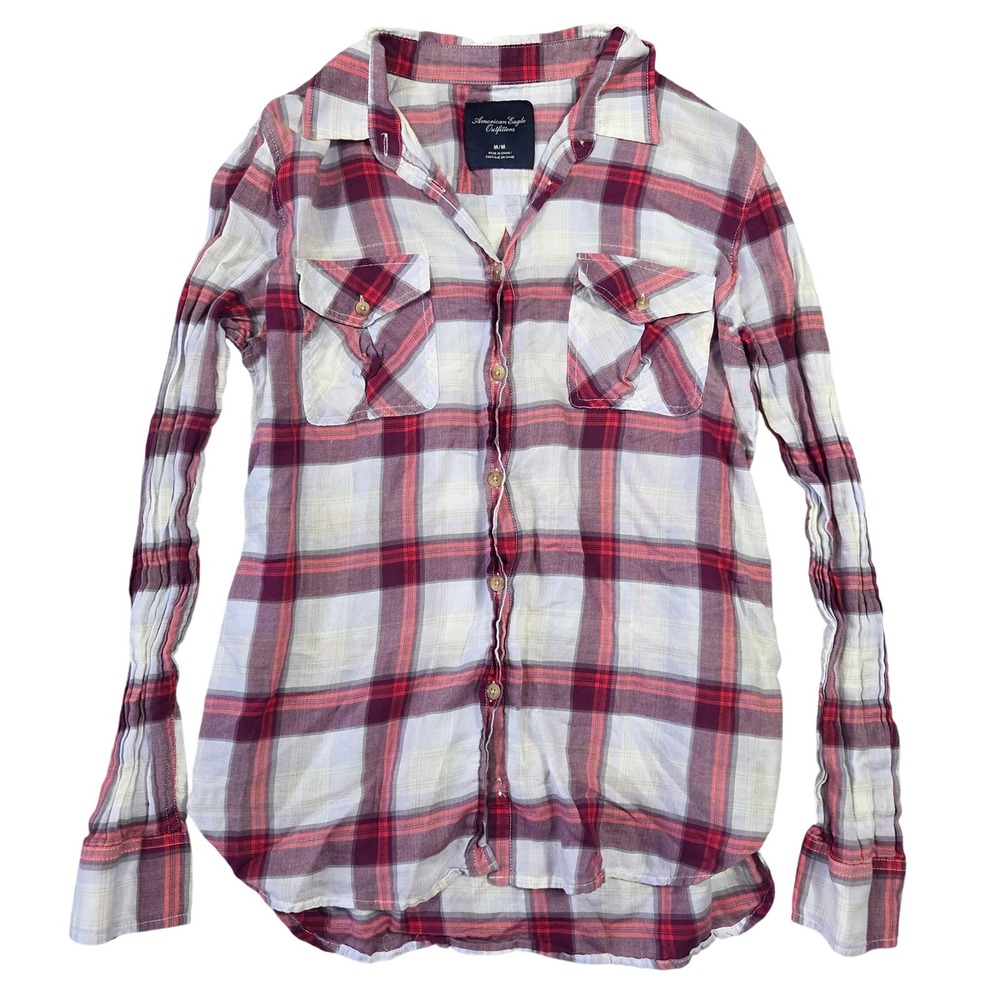 Y2k American Eagle Plaid Button Down Shirt Women M Red Boho Layering 2000s Bratz